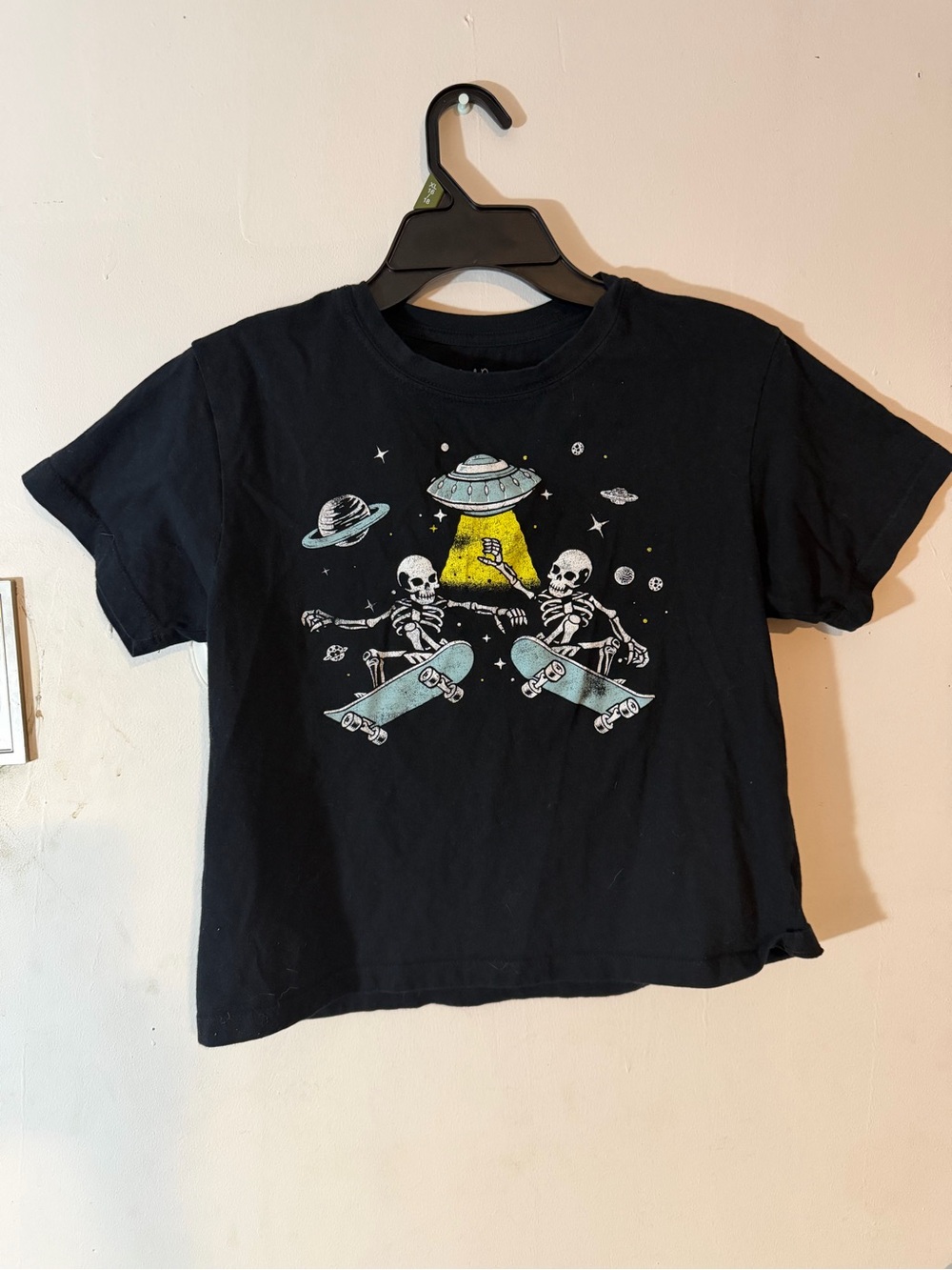 Black Graphic Crop Top with Skateboarding Skeletons & UFO